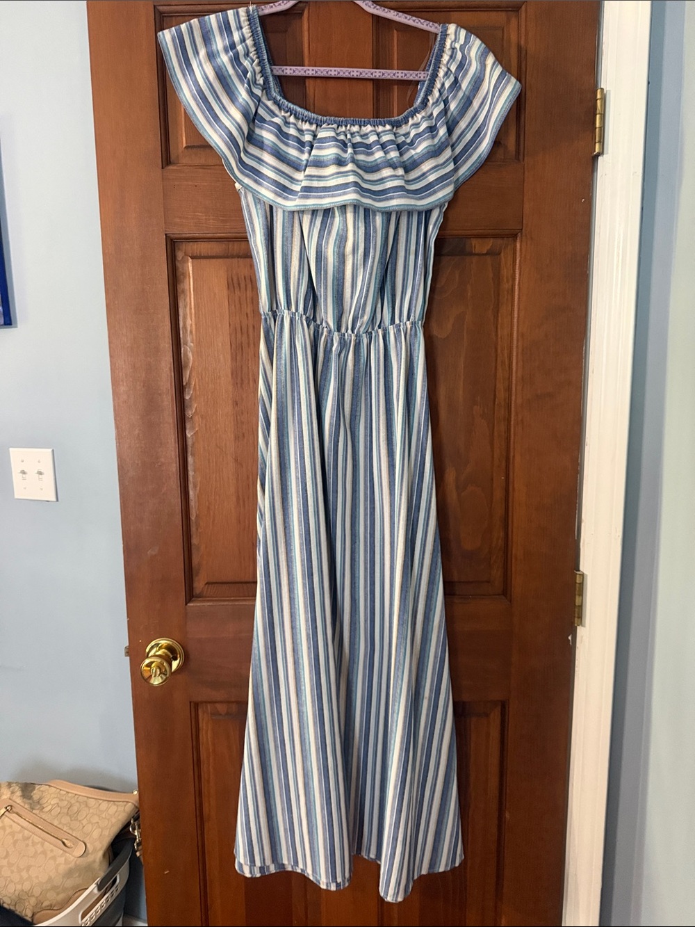 Blue and White Striped Off-Shoulder Maxi Dress